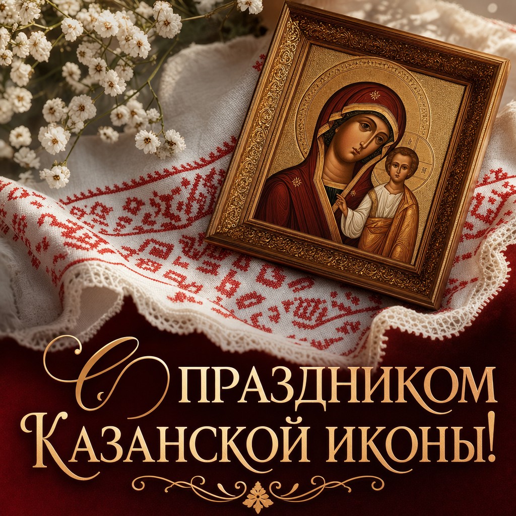 Праздничная открытка к Празднованию Казанской иконы Божией Матери с иконой и традиционным рушником.