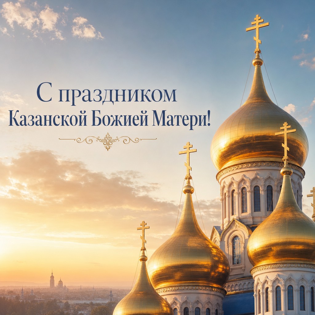 Светлая открытка к Празднованию Казанской иконы Божией Матери с золотыми куполами храма на рассвете.
