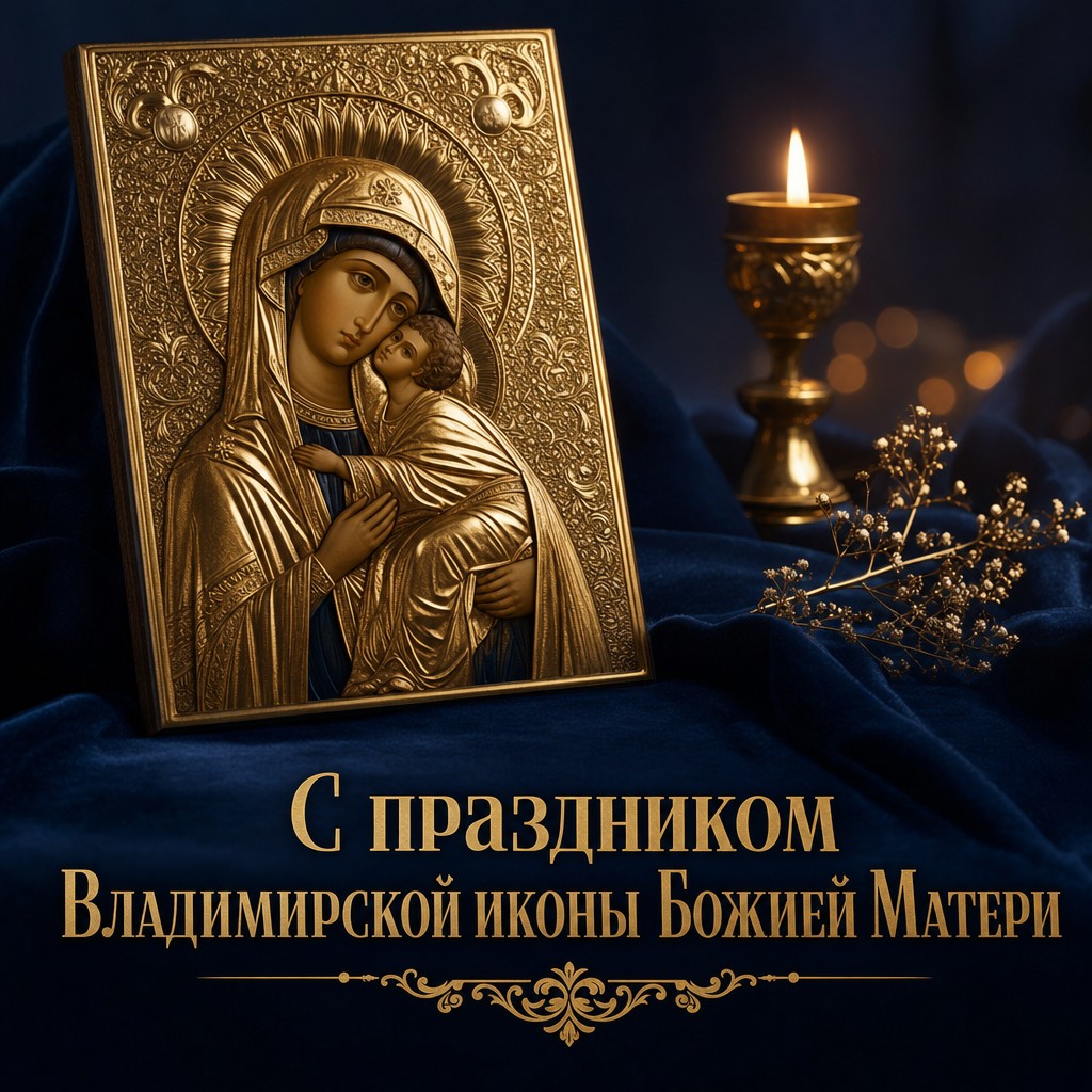 Премиальная открытка к Празднованию Владимирской иконы Божией Матери с золотым образом на синем бархате.