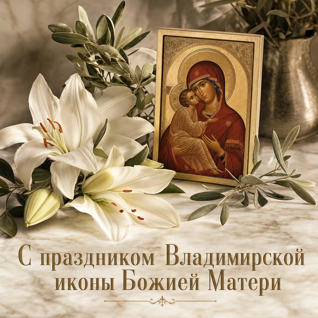 Нежная открытка к Празднованию Владимирской иконы Божией Матери с белыми лилиями и святой иконой.
