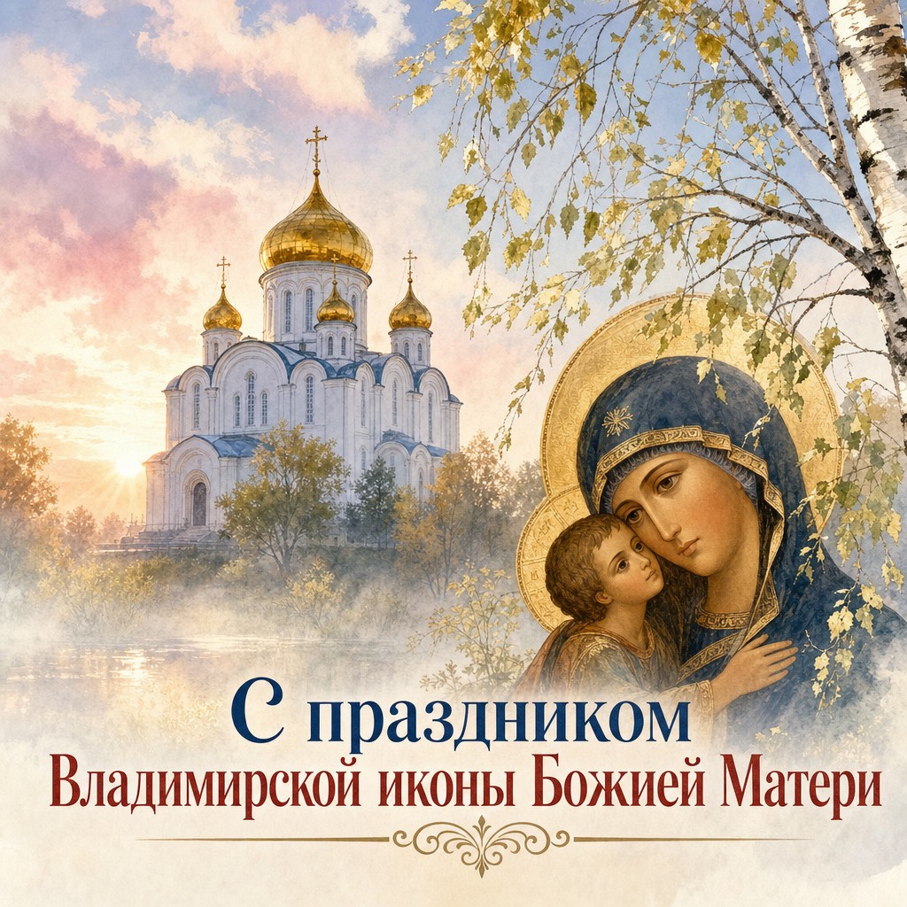 Светлая акварельная открытка к Празднованию Владимирской иконы Божией Матери с храмом на рассвете.