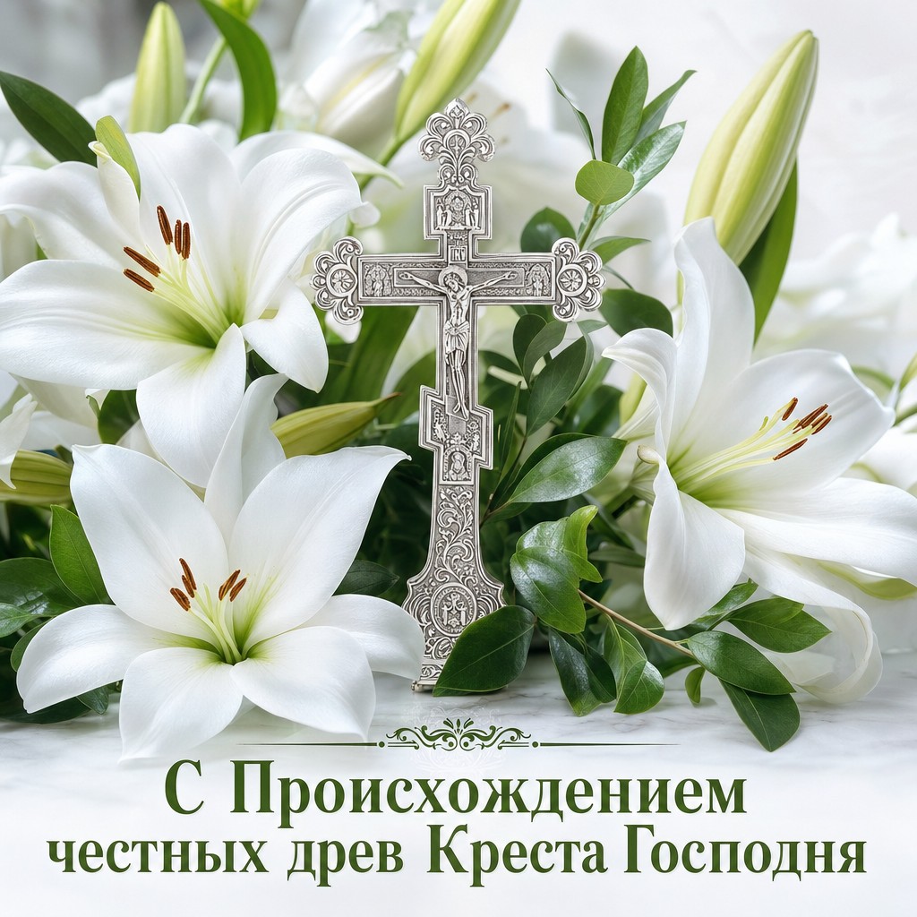 Нежная православная открытка к празднику Животворящего Креста с белыми лилиями и серебряным крестом.
