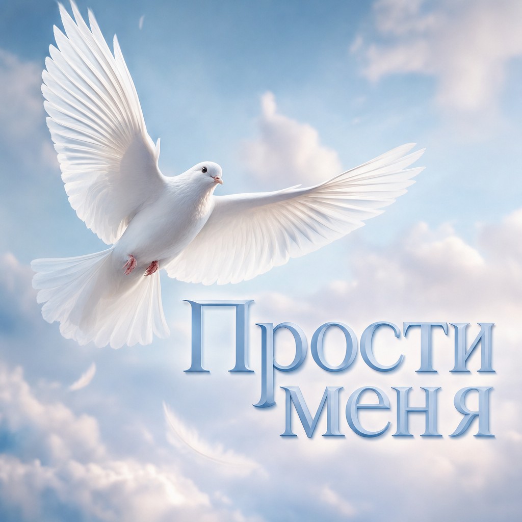 Нежная открытка на Прощёное воскресенье с белым голубем, светлым небом и спокойным настроением.