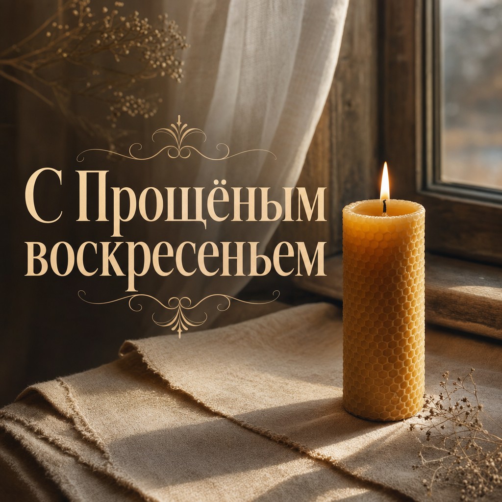 Спокойная открытка на Прощёное воскресенье с горящей свечой, тёплым светом и мирным настроением.