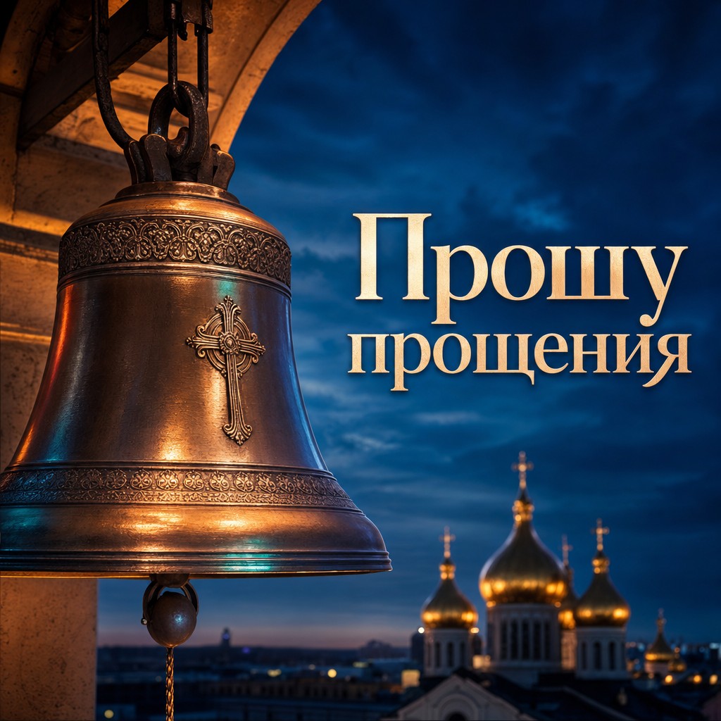 Выразительная открытка на Прощёное воскресенье с бронзовым церковным колоколом и вечерним небом.