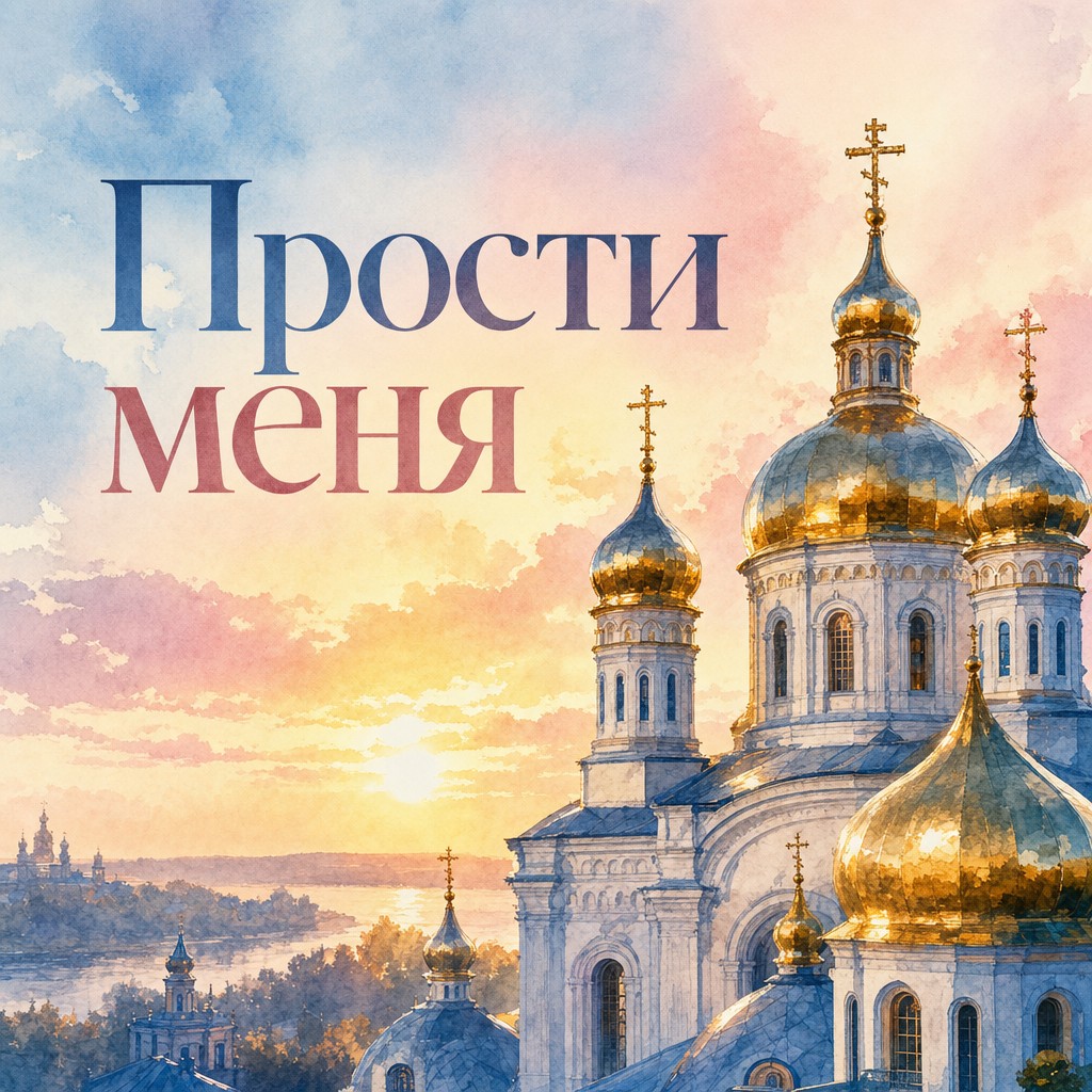 Акварельная открытка на Прощёное воскресенье с храмовыми куполами и нежным рассветным небом.