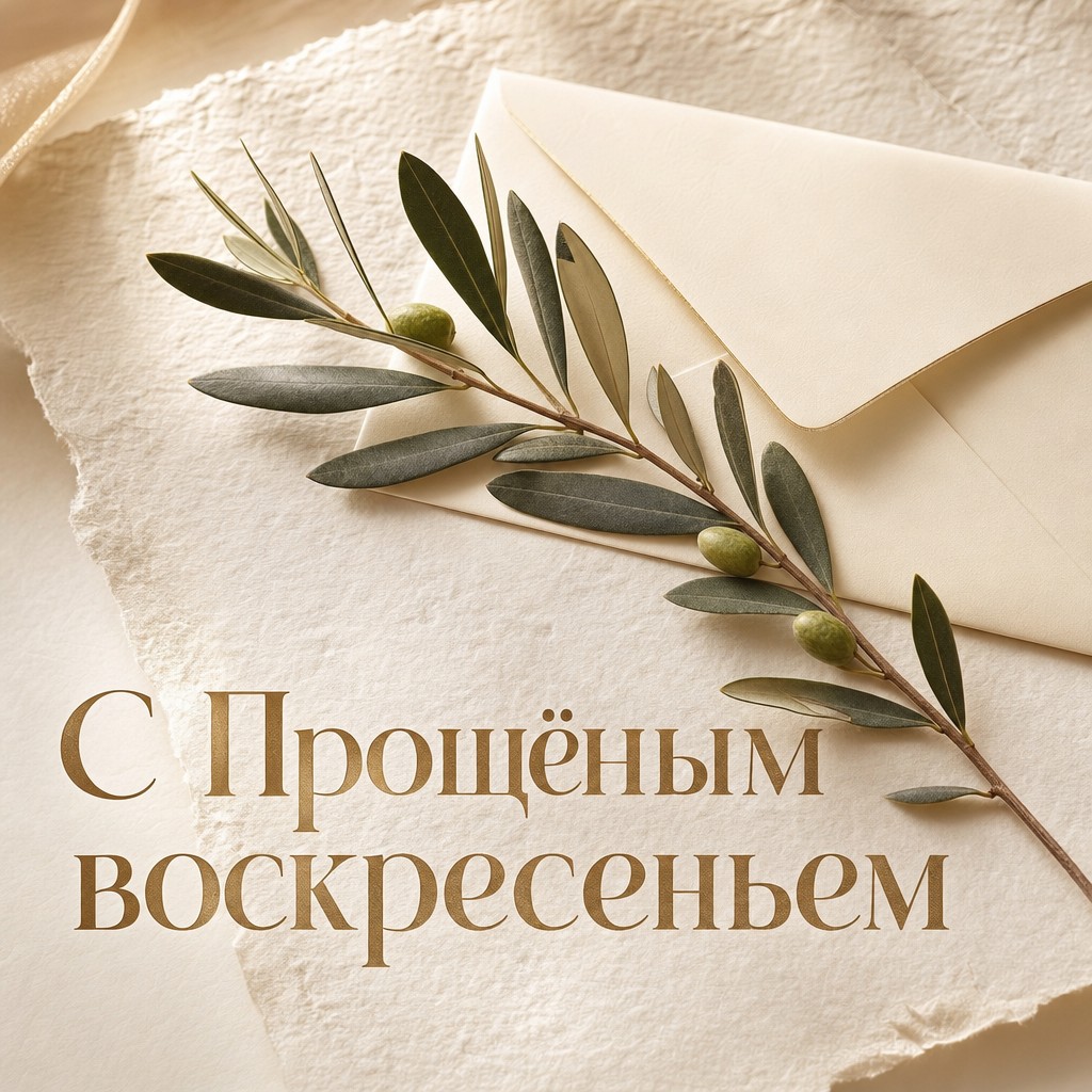 Элегантная открытка на Прощёное воскресенье с конвертом, оливковой ветвью и мягкой премиальной палитрой.