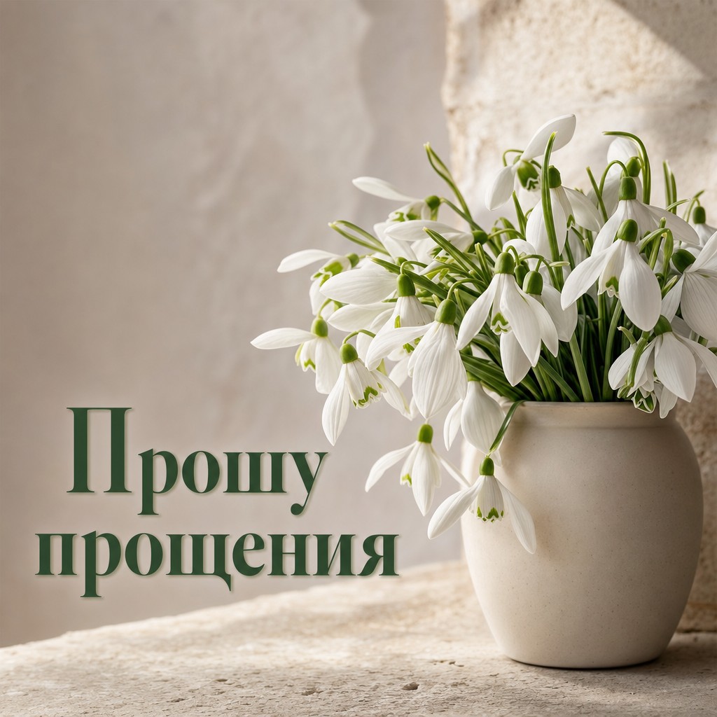 Светлая открытка на Прощёное воскресенье с подснежниками, символом весеннего обновления и доброты.