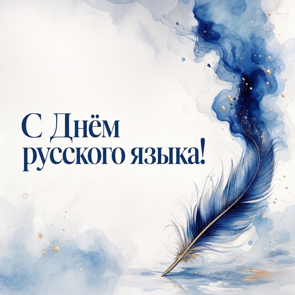 Лёгкая акварельная открытка на Пушкинский день с пером, синими чернилами и поэтичным настроением.