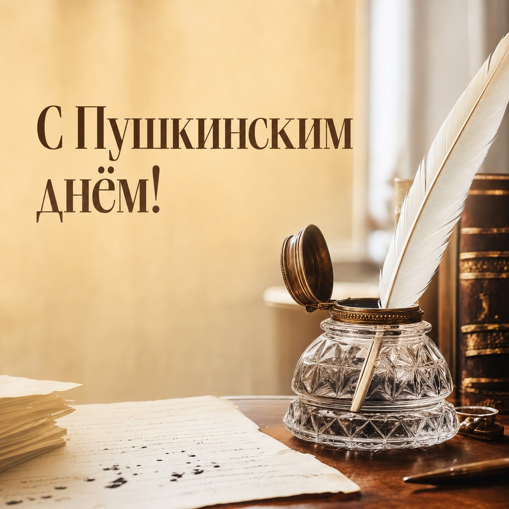 Премиальная открытка ко Дню русского языка с чернильницей, пером и тёплым литературным настроением.