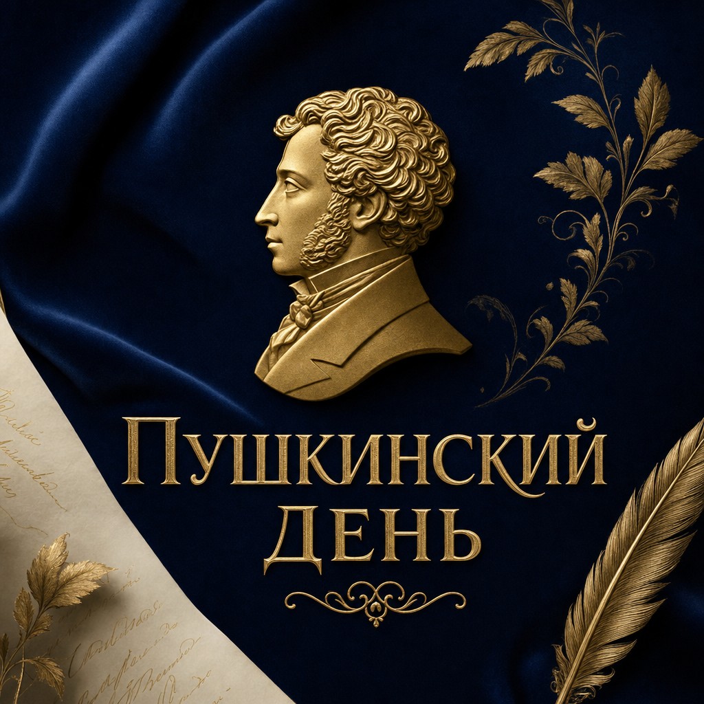 Элегантная открытка ко Дню русского языка с золотым профилем Пушкина на премиальном синем фоне.