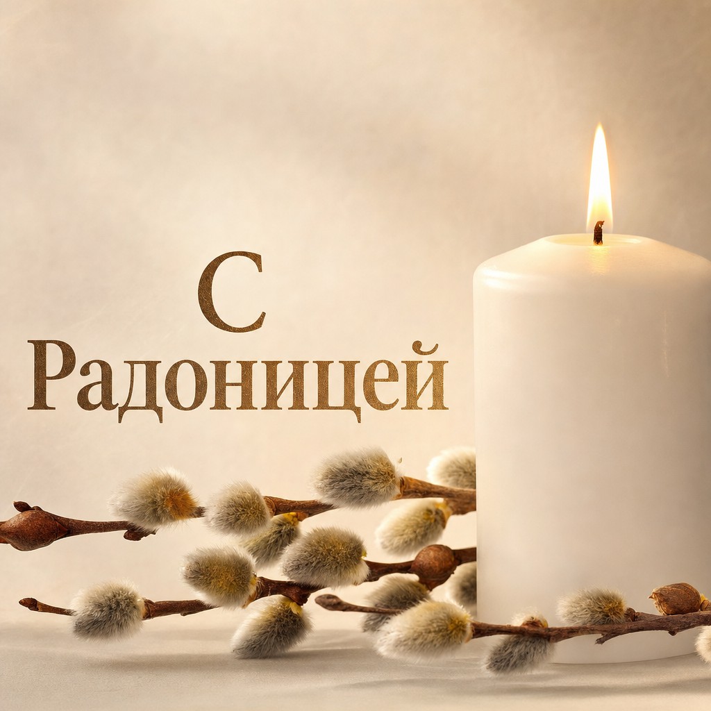 Светлая открытка на Радоницу с поминальной свечой и веточкой вербы в спокойной премиальной эстетике.