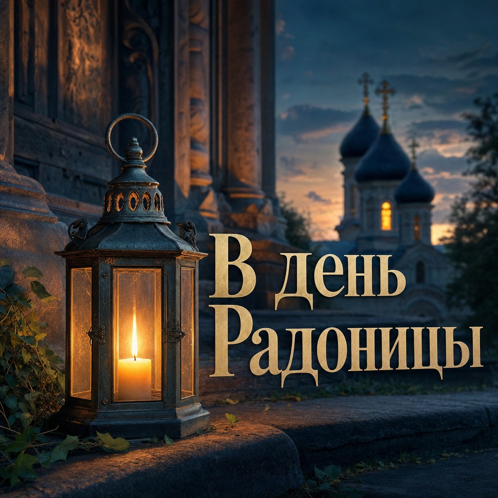 Атмосферная открытка на Радоницу с теплым фонарем на каменных ступенях православного храма.