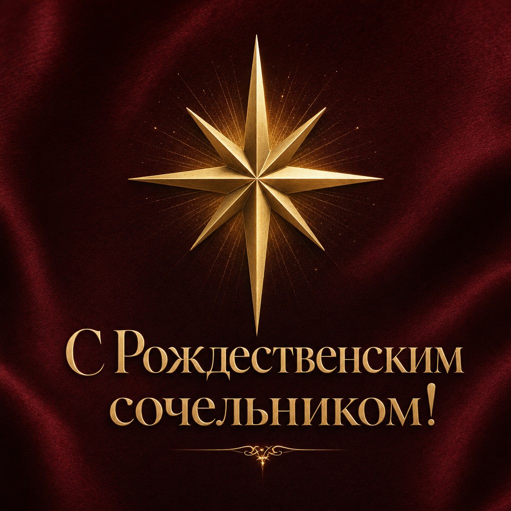 Элегантная открытка на Рождественский сочельник с золотой Вифлеемской звездой на бордовом фоне.