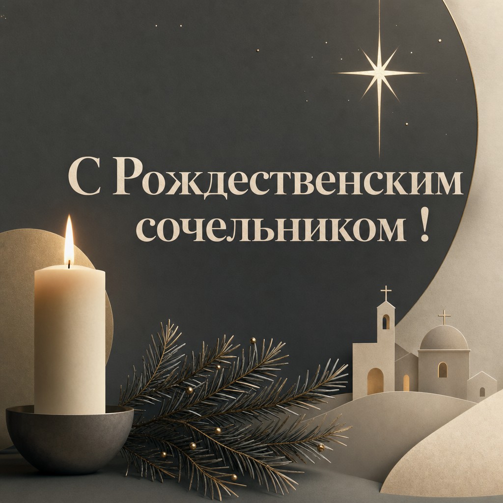 Современная открытка на Рождественский сочельник со свечой, звездой и еловой ветвью.