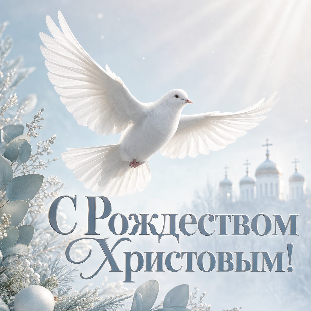 Нежная открытка на Рождество Христово с белым голубем, символом мира и света.