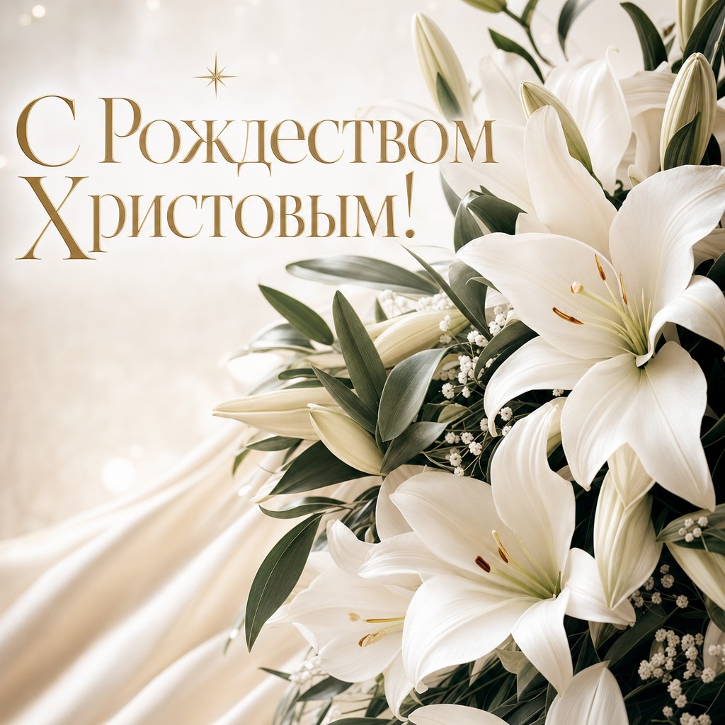 Нежная открытка на Рождество Христово с белыми лилиями и мягкой светлой палитрой.