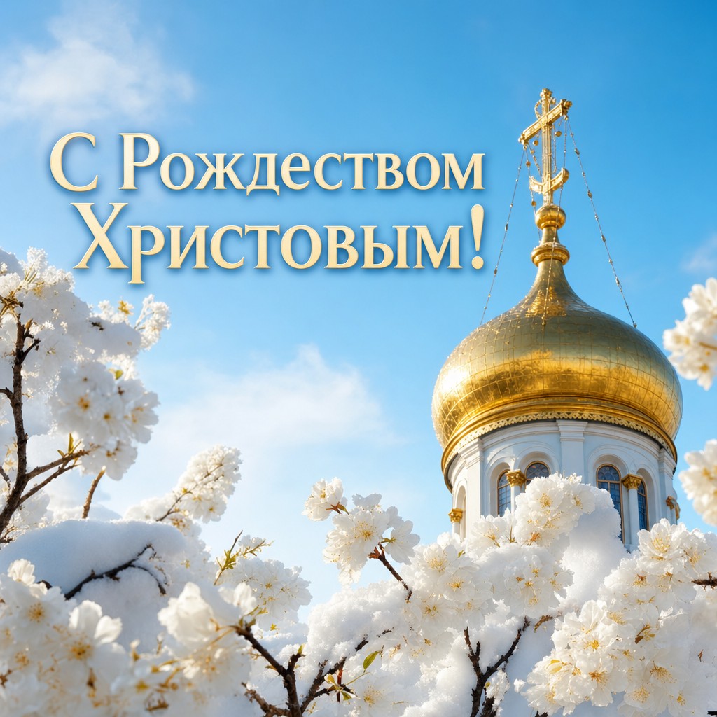 Светлая открытка на Рождество Христово с золотым церковным куполом и снежными ветвями.