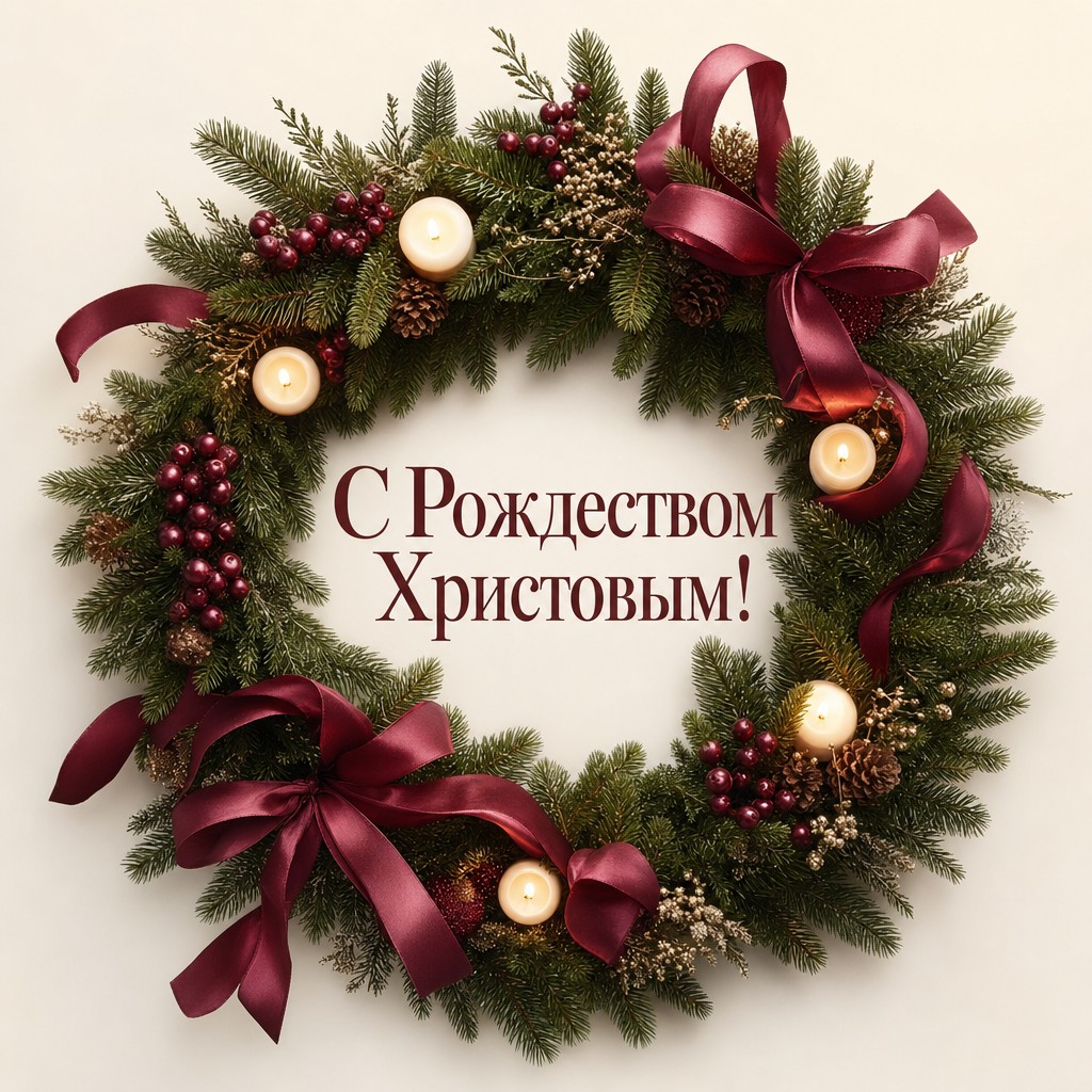 Элегантная открытка на Рождество Христово с хвойным венком, свечами и праздничными ягодами.