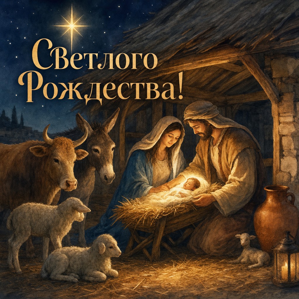 Душевная открытка на Рождество Христово с акварельным вертепом и теплой рождественской сценой.
