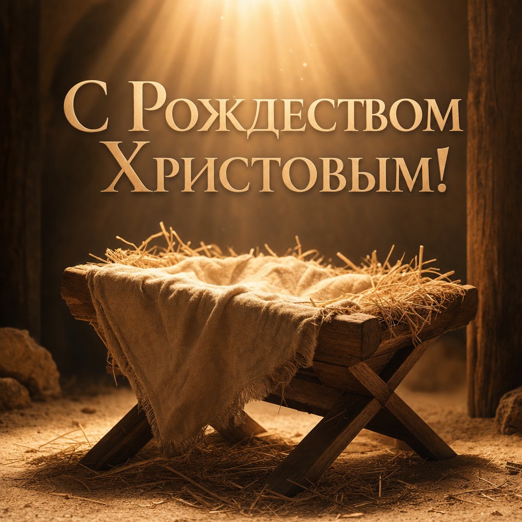 Светлая открытка на Рождество Христово с рождественскими яслями в теплом луче света.