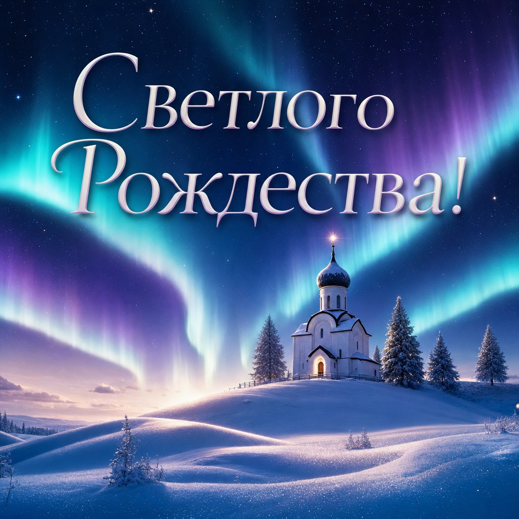 Завораживающая открытка на Рождество Христово с северным сиянием, снегом и церковью.