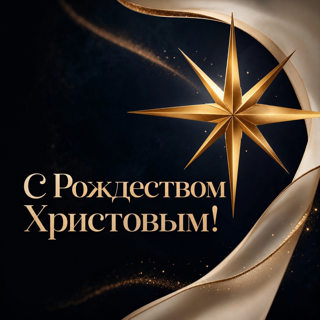 Современная открытка на Рождество Христово с крупной золотой Вифлеемской звездой на темном фоне.