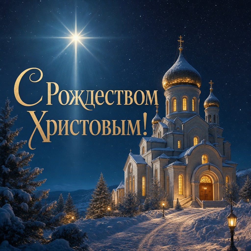 Праздничная открытка на Рождество Христово с заснеженным храмом, ночным небом и сияющей звездой.