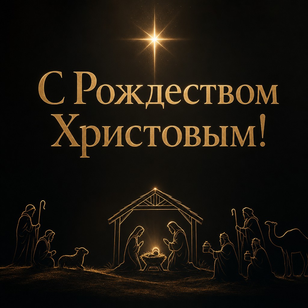 Стильная минималистичная открытка на Рождество Христово с золотым силуэтом вертепа.