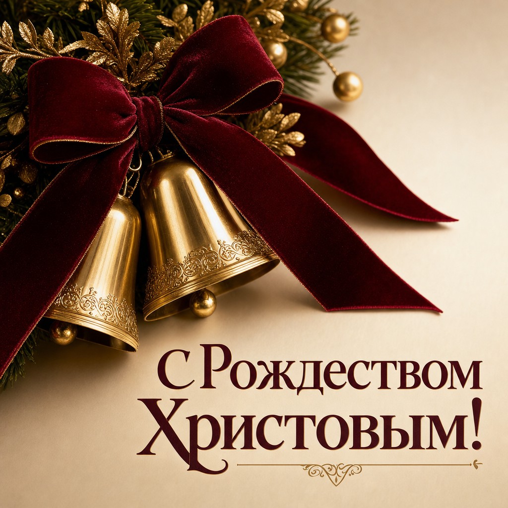 Элегантная открытка на Рождество Христово с золотыми колокольчиками и бордовой бархатной лентой.