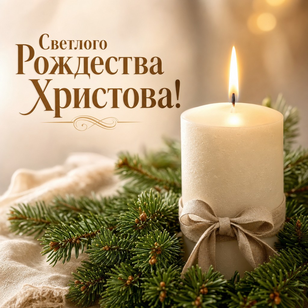 Нежная открытка на Рождество Христово со свечой, еловой ветвью и теплым праздничным светом.