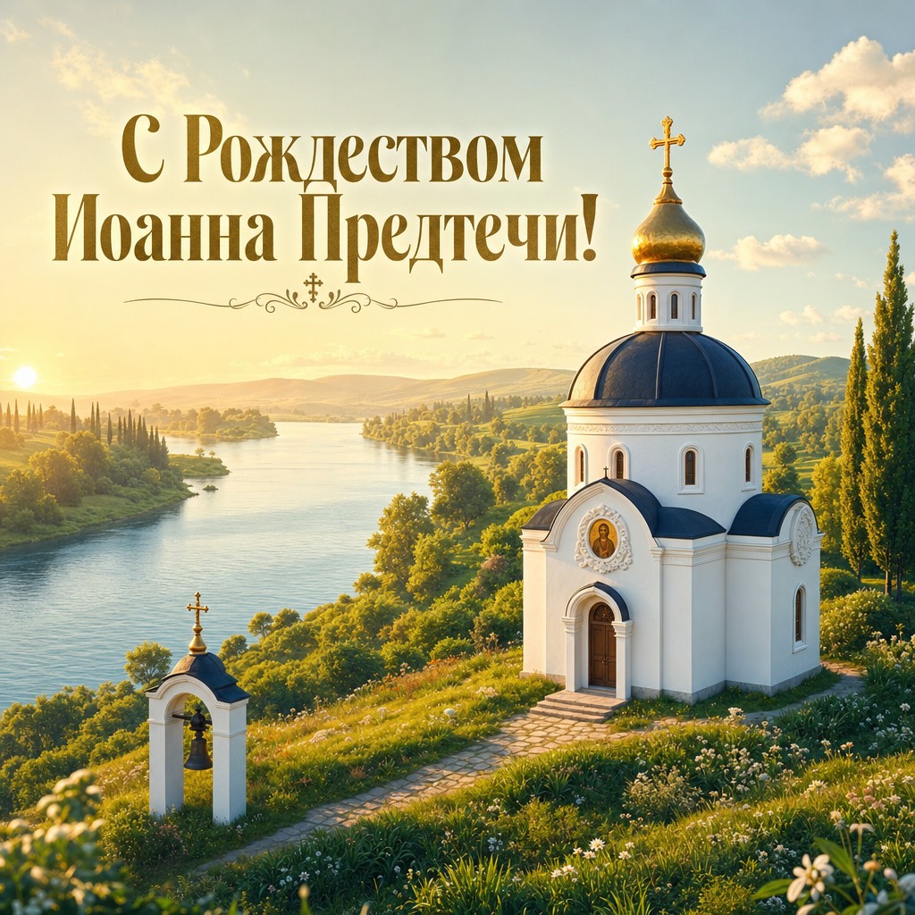 Милая 3D-открытка к Рождеству Иоанна Предтечи с белой часовней, рекой и летним рассветом.