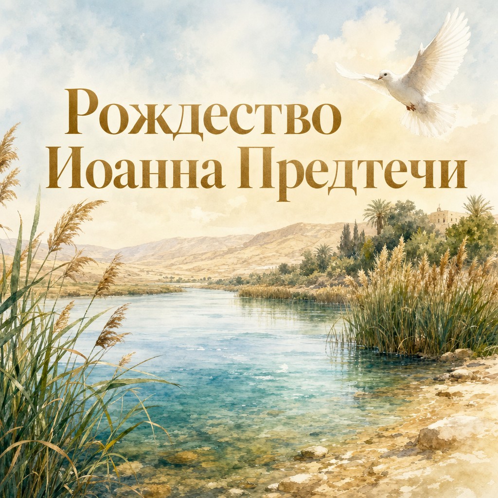 Акварельная открытка к Рождеству Иоанна Предтечи с тихой рекой Иордан, камышами и белым голубем.