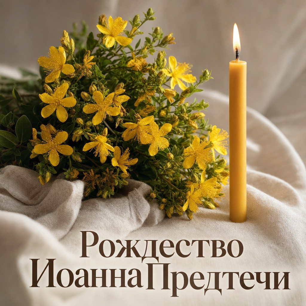 Нежная открытка к Рождеству Иоанна Предтечи с реалистичными цветами зверобоя и церковной свечой.