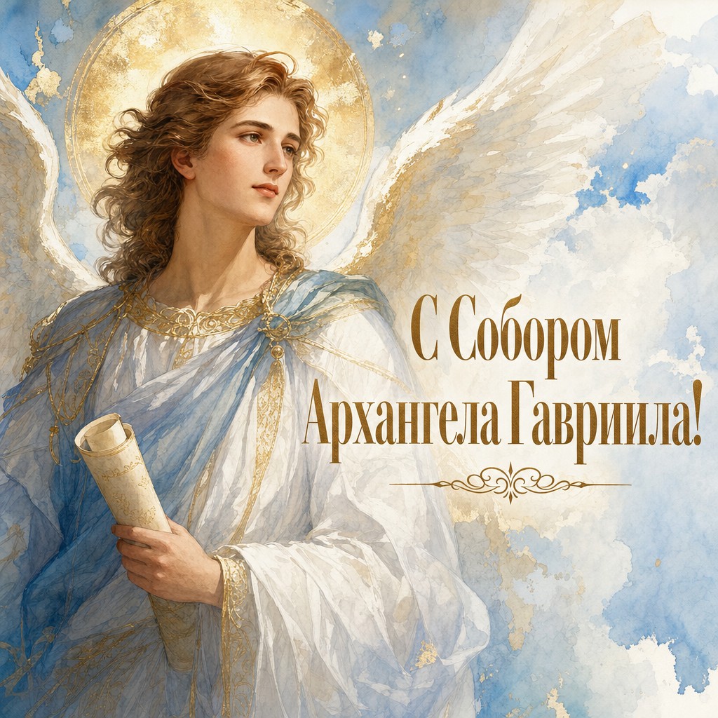 Нежная акварельная открытка на Собор Архангела Гавриила с образом архангела, крыльями и свитком.