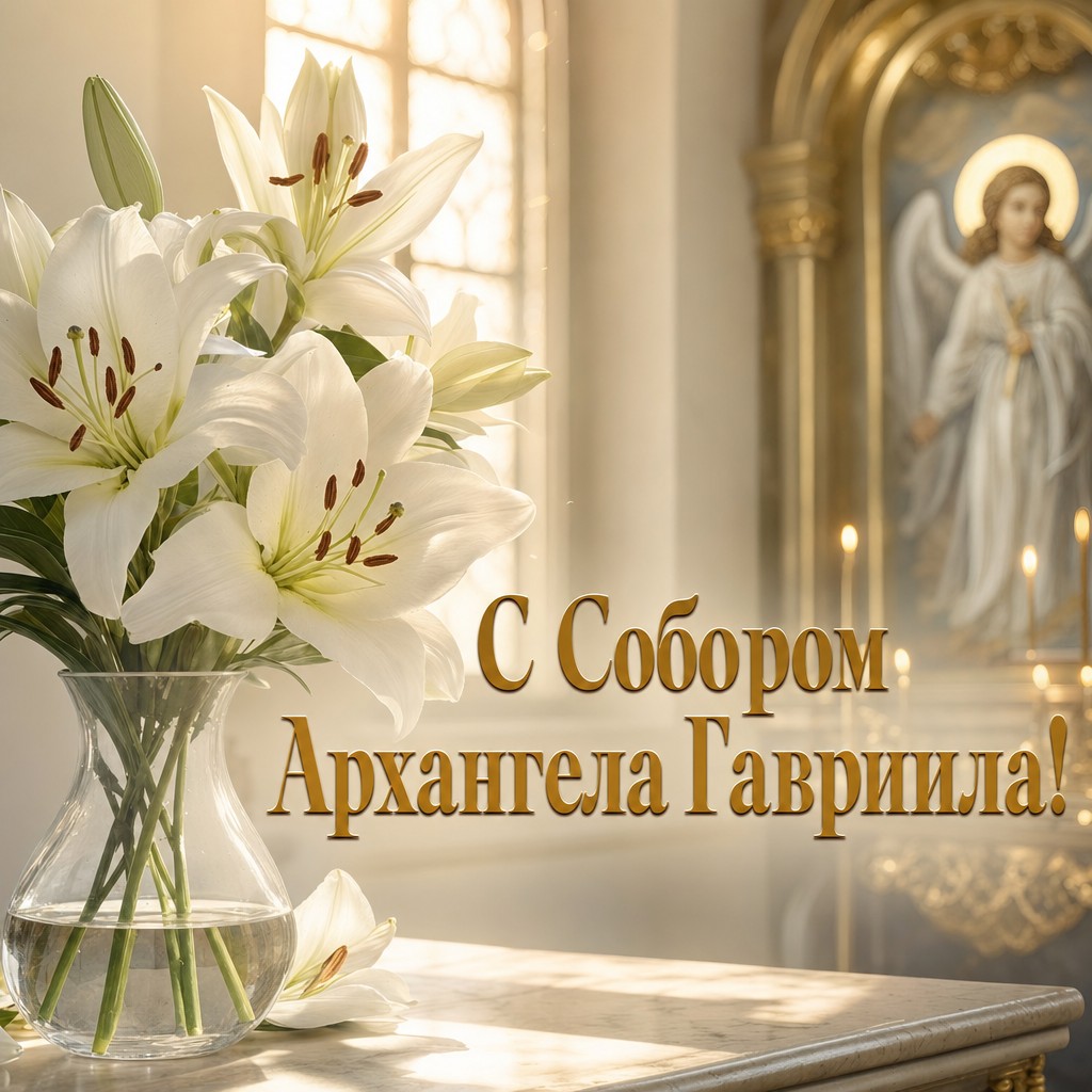 Светлая открытка на Собор Архангела Гавриила с белыми лилиями, церковным окном и мягким золотым сиянием.