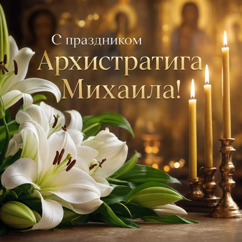 Нежная открытка к Собору Архистратига Михаила с белыми лилиями, свечами и тёплым золотым сиянием.