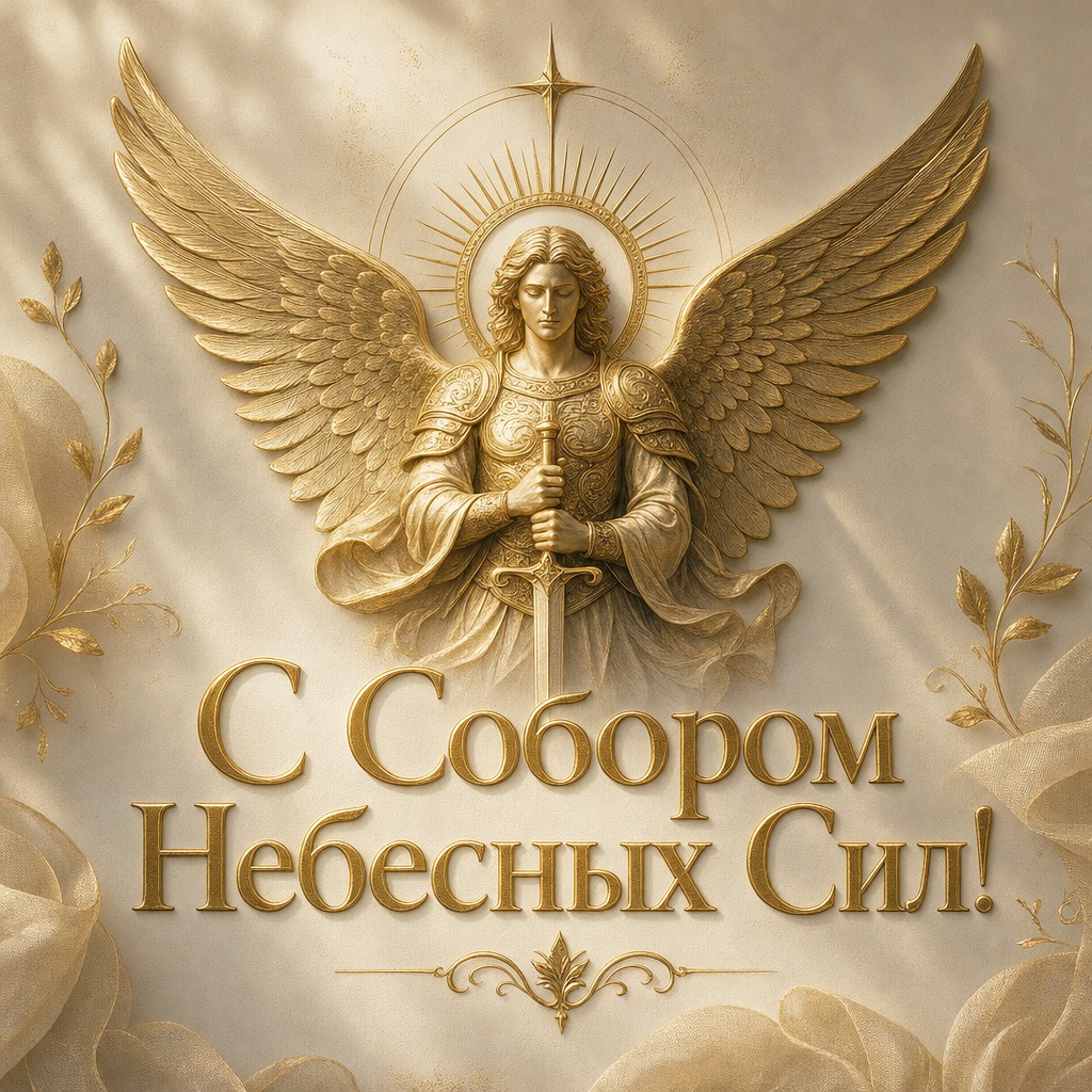 Роскошная светлая открытка к Собору Архистратига Михаила с золотой крылатой эмблемой и благородной фактурой.