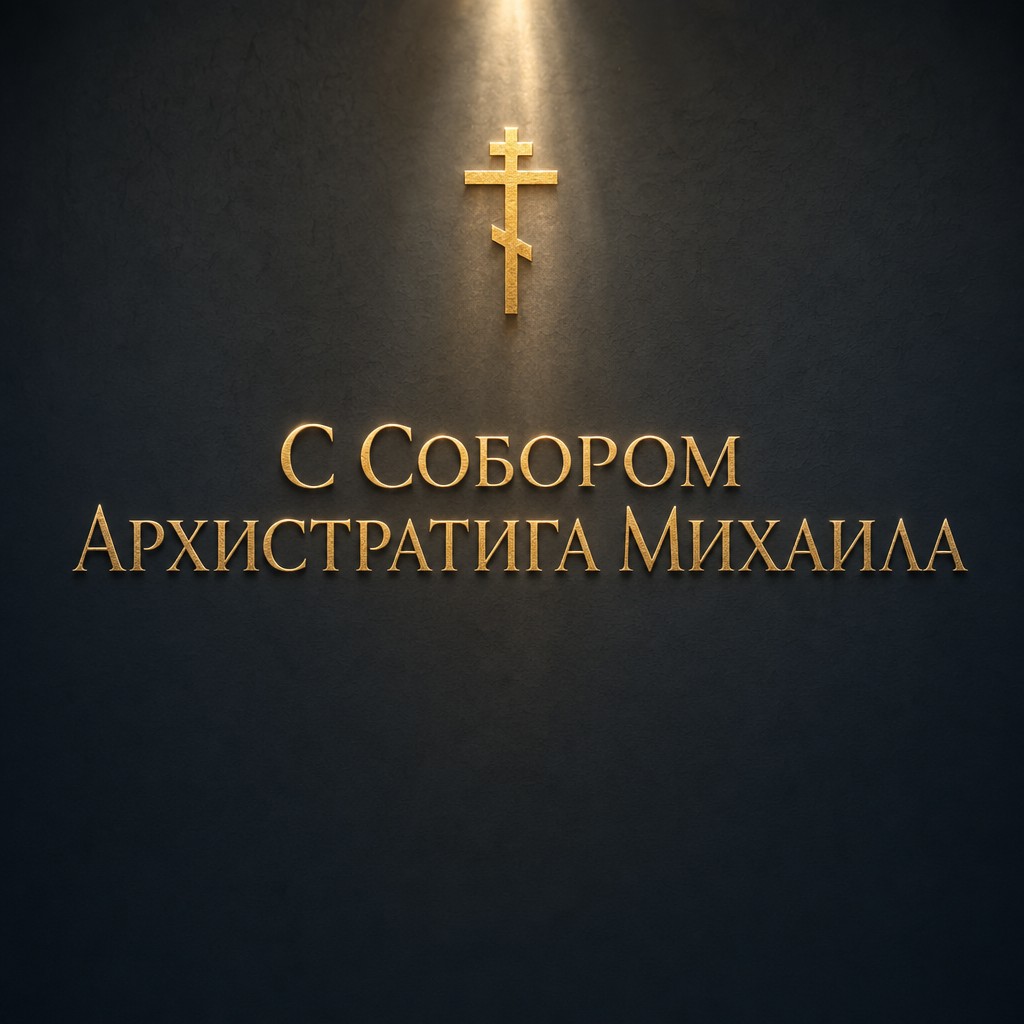 Современная минималистичная открытка к Собору Архистратига Михаила с золотым лучом света и строгим знаком.