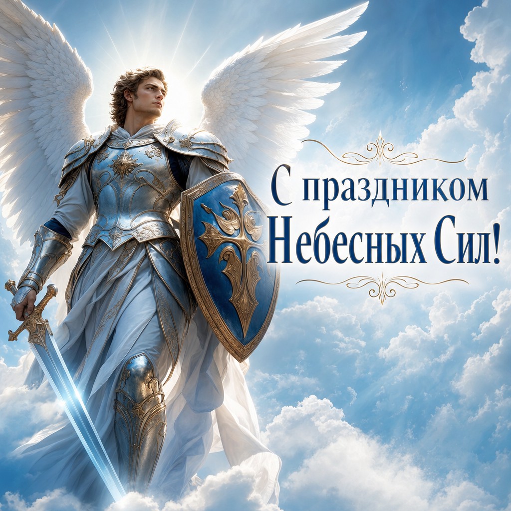 Светлая открытка к Собору Архистратига Михаила с архангелом в облаках, крыльями, мечом и мягким сиянием.