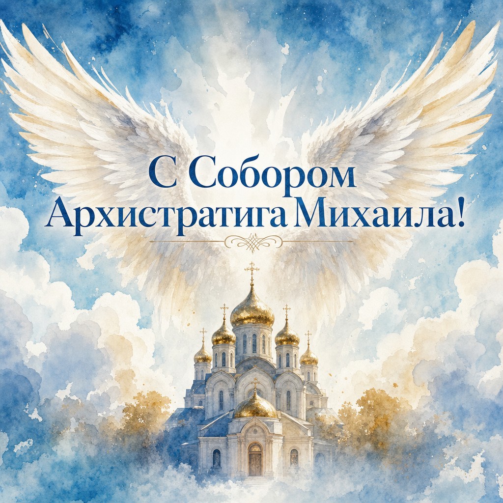 Акварельная открытка к Собору Архистратига Михаила с ангельскими крыльями, храмом и мягким небесным светом.