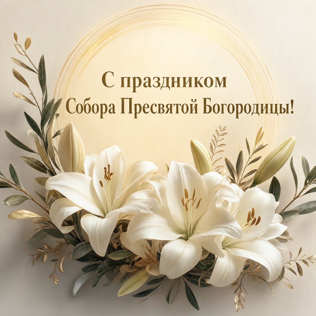 Светлая открытка на Собор Пресвятой Богородицы с белыми лилиями и мягким золотым сиянием.