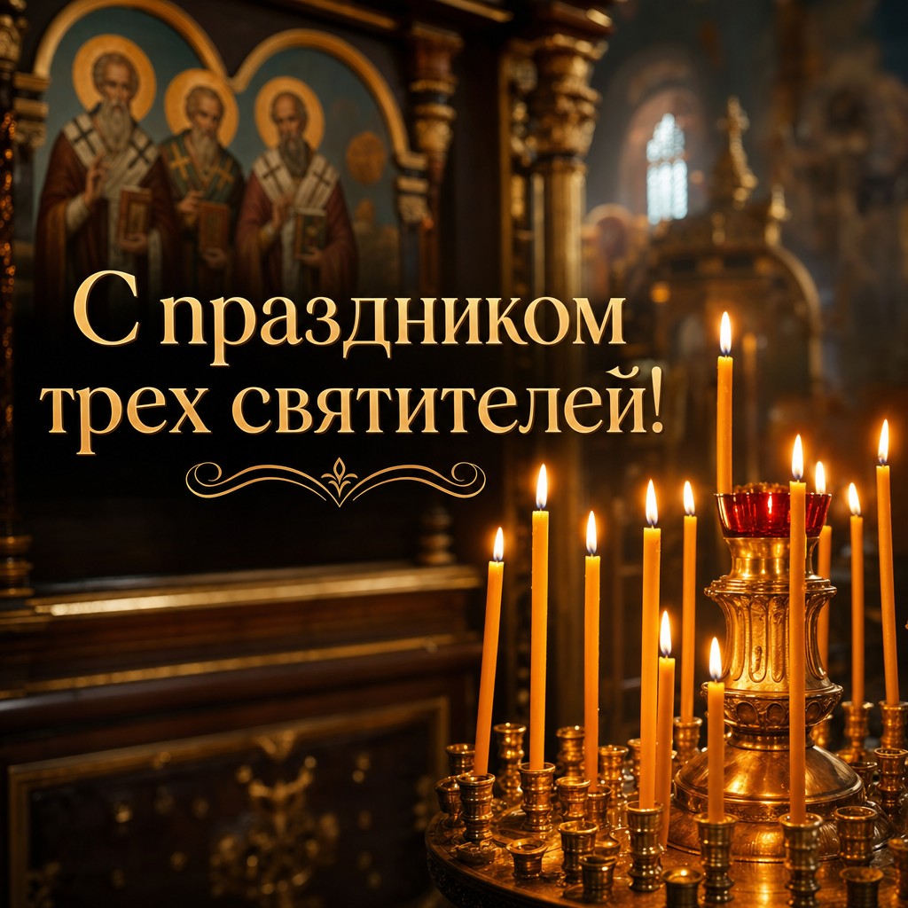 Душевная открытка на Собор трех святителей с теплыми свечами и атмосферой православного храма.