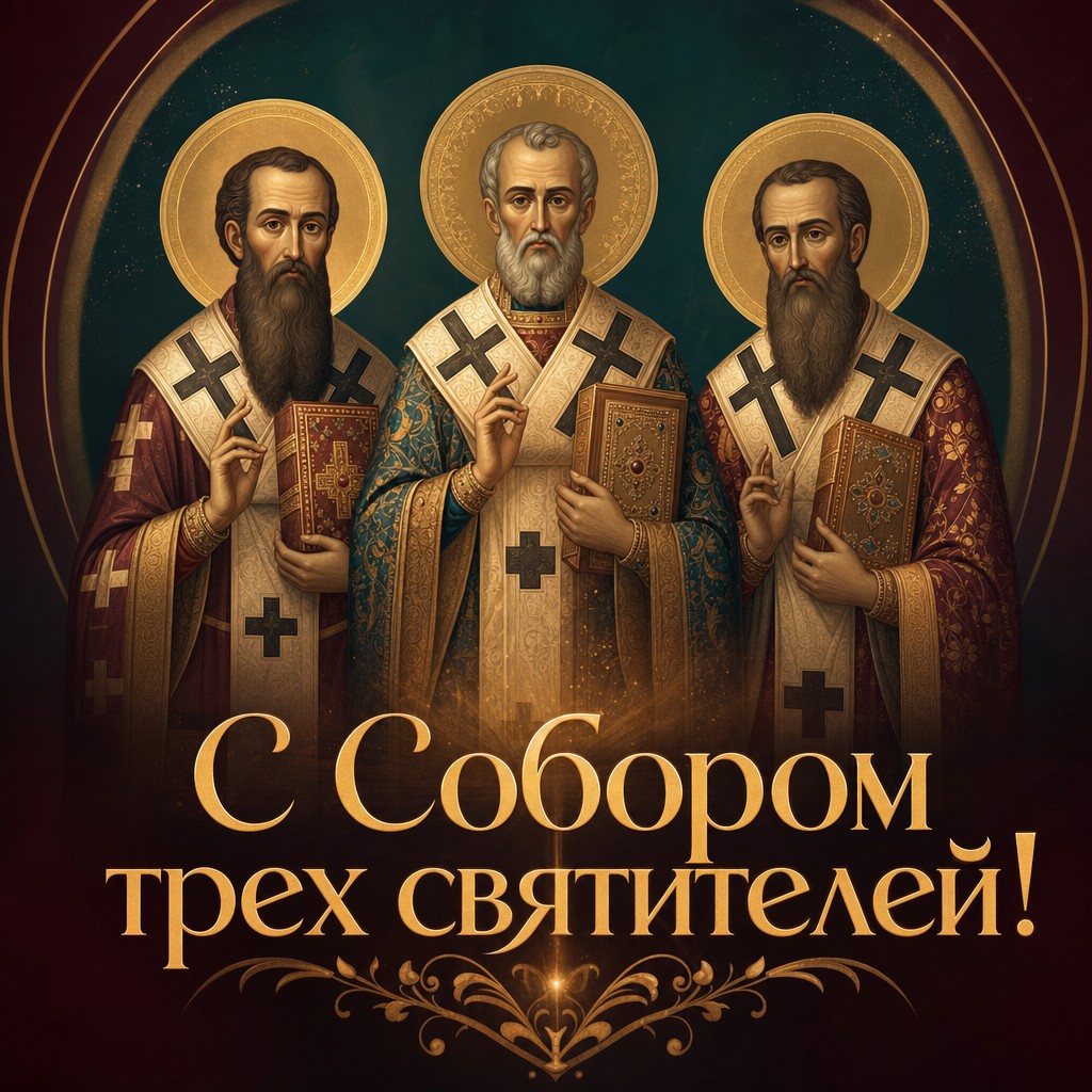 Торжественная открытка на Собор трех святителей с золотым триптихом и православными образами.