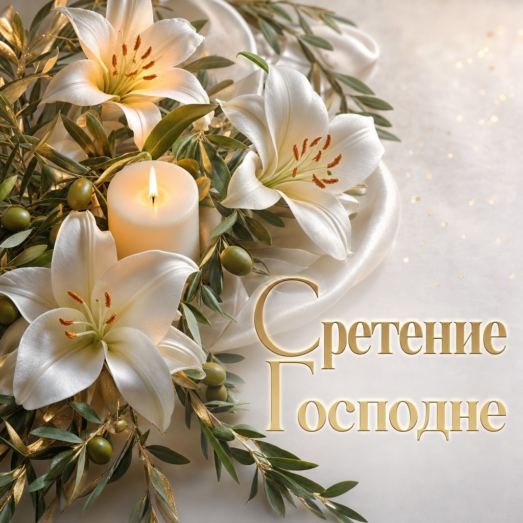 Элегантная цветочная открытка на Сретение Господне с белыми лилиями и свечным светом.