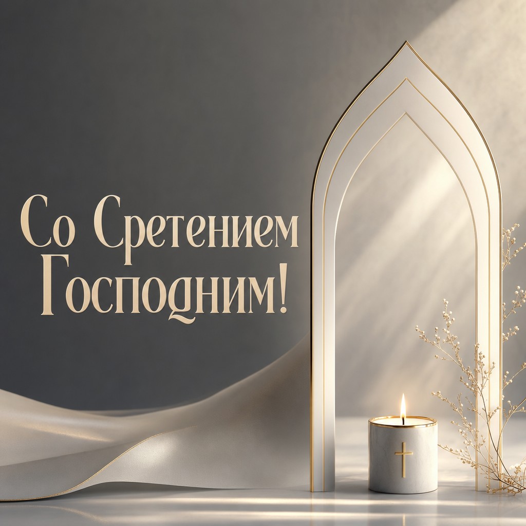 Стильная современная открытка на Сретение Господне с лаконичной церковной аркой и свечой.