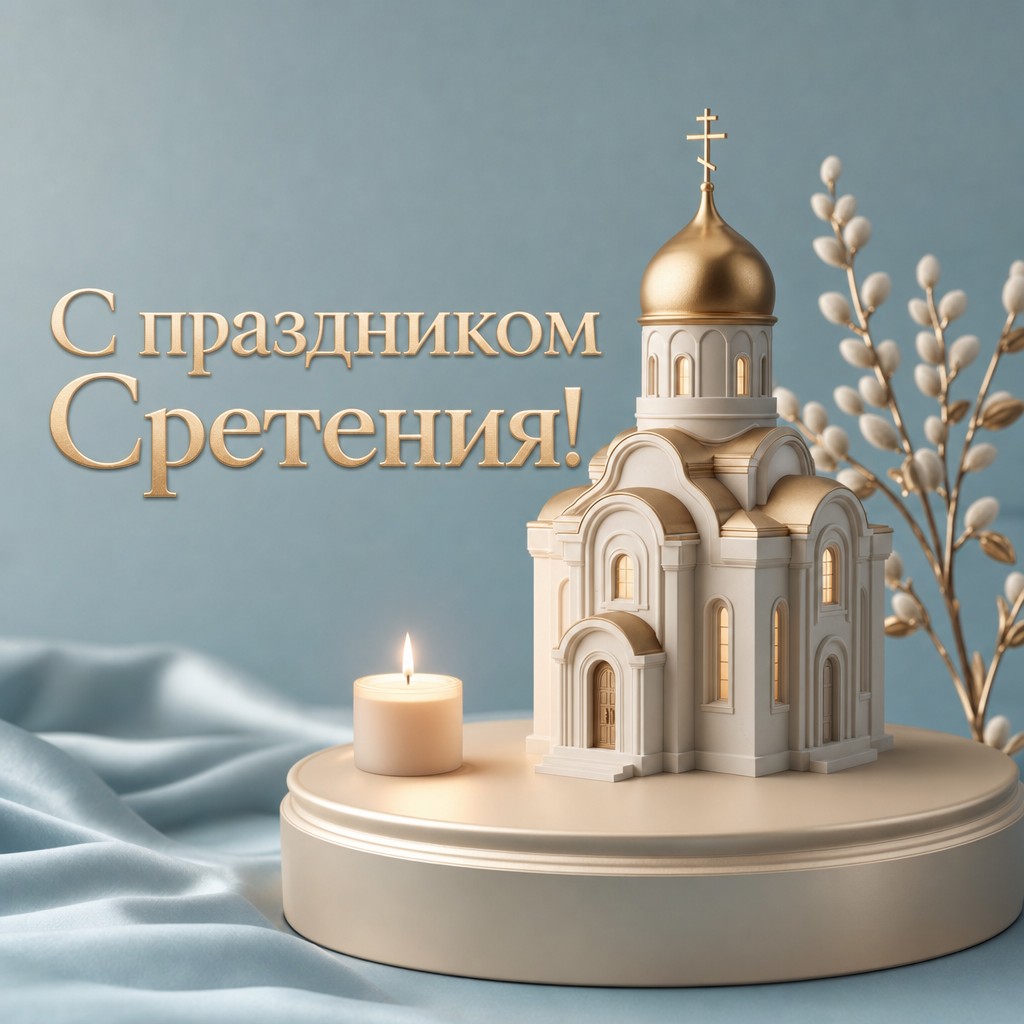 Премиальная 3D-открытка на Сретение Господне с фарфоровым храмом и мягким светом.