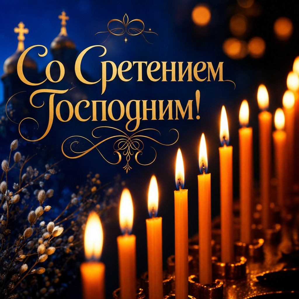 Яркая открытка на Сретение Господне с диагональным рядом церковных свечей и золотым пламенем.
