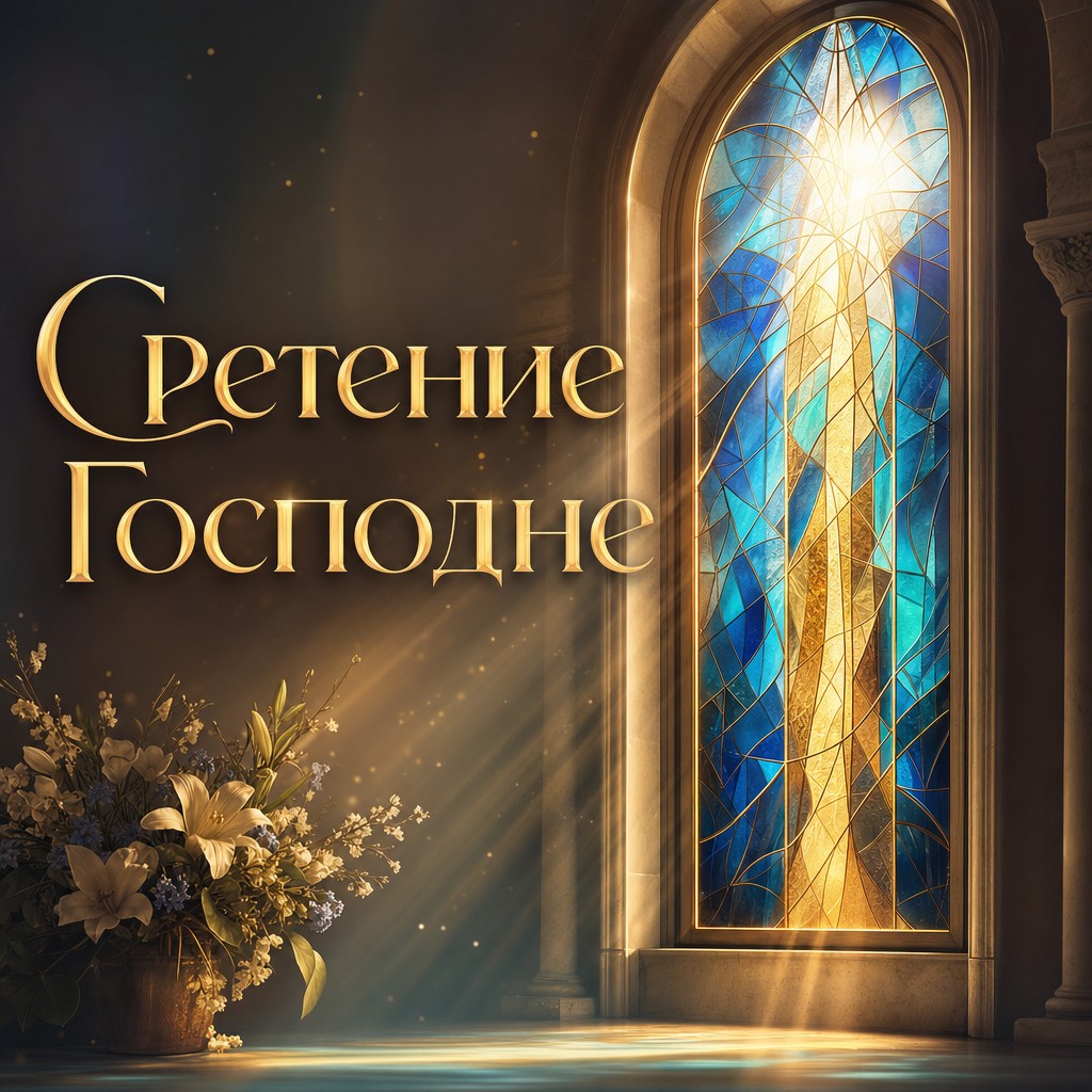 Современная открытка на Сретение Господне с церковным витражом и лучами золотого света.
