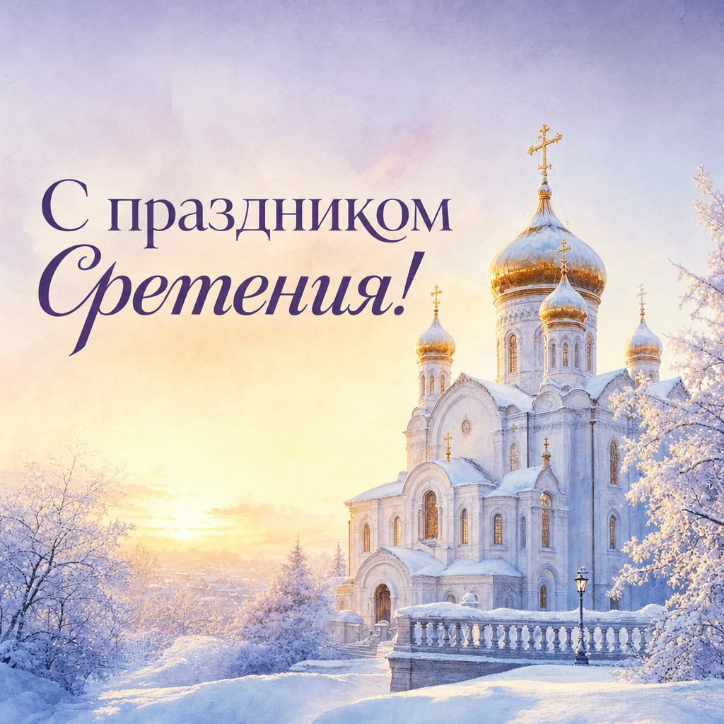 Нежная акварельная открытка на Сретение Господне с зимним храмом и рассветным светом.